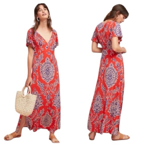 Anthropologie Correia Flutter Sleeve Toe Nexk Paisley Maxi Dress 0139 - Picture 1 of 8
